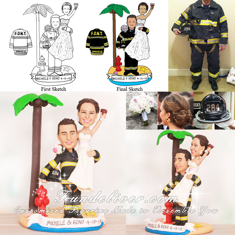 Fire Hydrant and Palm tree Firefighter Wedding Cake Toppers